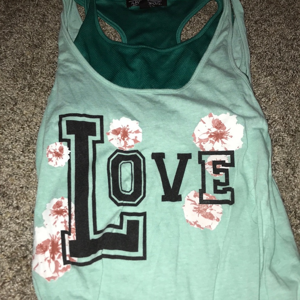 Blue “love” tank with bra cover underneath